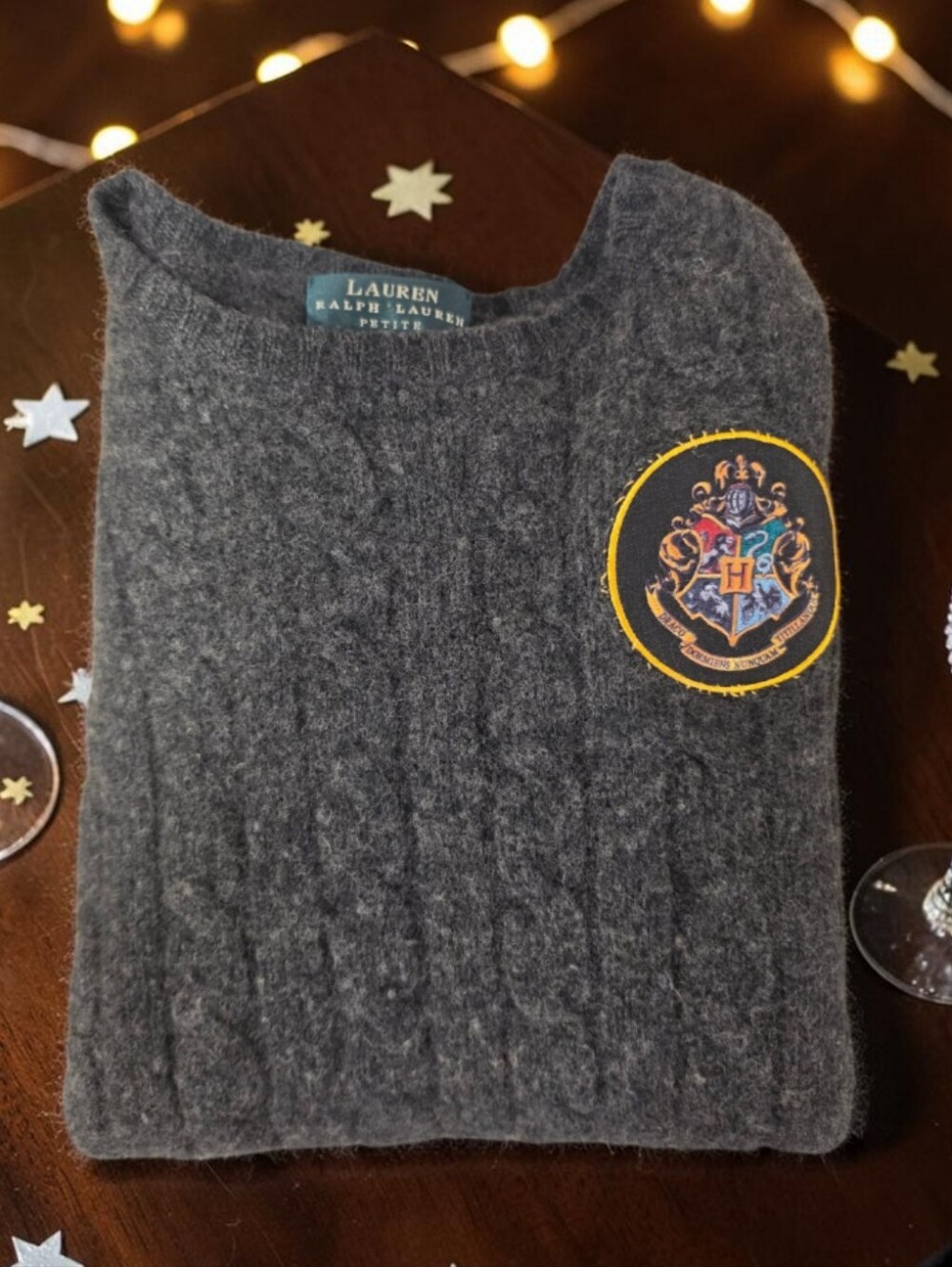 Ralph Lauren Women's Charcoal Cable-Knit Crewneck Sweater Embroidered Crest S/P